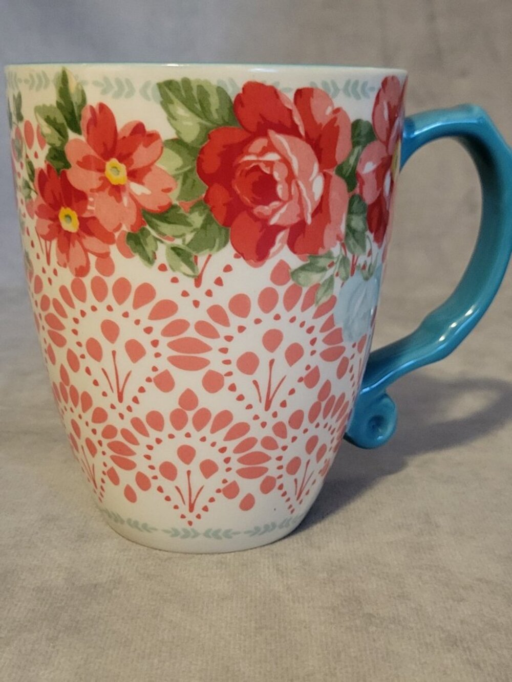 Pioneer Woman Latte Mug 28 oz Ceramic Floral Vintage Blue Handle
